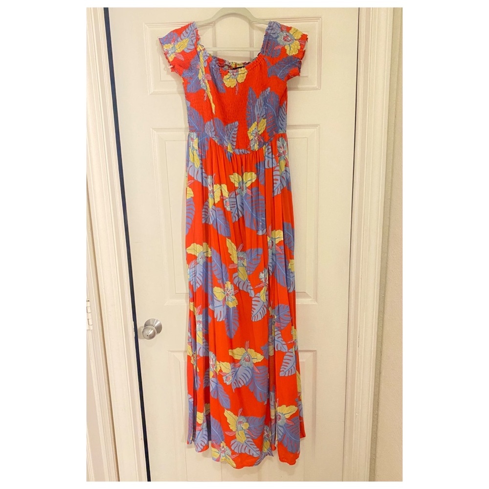 Lulu’s long red floral off the shoulder dress with slit up leg